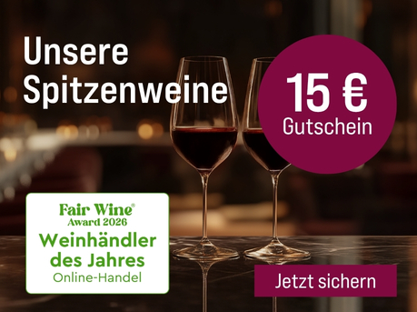 Silkes Weinkeller Weinaktion mit dem Slogan "Prämiert & reduziert. Unsere Spitzenweine". Im Hintergrund zwei Gläser Rotwein. Hinweis auf "15 € Rabatt". Hinweis auf "Fair Wine Award 2026. Bester Weinhändler des Jahres". Unten Button "Jetzt sichern".