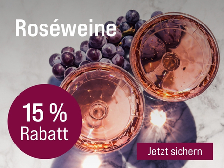 Silkes Weinkeller Weinaktion mit dem Slogan "Vielfältiger Genuss. Roséweine". Im Hintergrund zwei Gläser gefüllt mit Roséwein, daneben ein Bund dunkler Trauben. Hinweis auf "15 % Rabatt". Unten Button "Jetzt sichern".