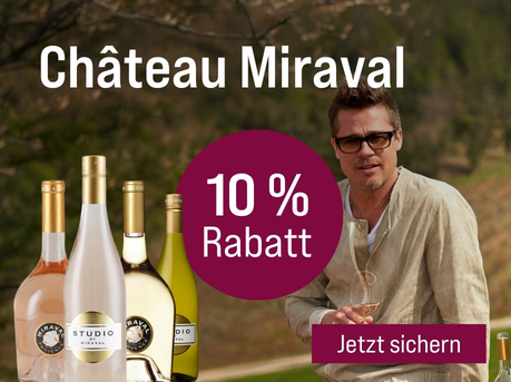 Silkes Weinkeller Weinaktion mit dem Slogan "Weingut des Monats - von Familie Perrin & Brad Pitt. Château Miraval". Im Hintergrund zwei Männer mit einem Glas Wein in der Hand. Hinweis auf "10 % Rabatt". Unten Button "Jetzt sichern". Links vier Flaschen.