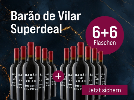 Silkes Weinkeller Weinaktion mit dem Slogan "Gratisaktion im Mai. Barão de Vilar Superdeal". Blauer Hintergrund mit goldenen Akzenten, darauf abgebildet 12 Flaschen Wein. Hinweis auf "6+6 Flaschen". Unten Button "Jetzt sichern".