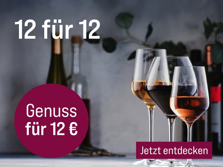 Silkes Weinkeller Weinaktion mit dem Slogan "Top Weine zum besten Preis. 12 für 12". Im Hintergrund mehrere Flaschen Wein, rechts drei Weingläser mit diversen Weinen gefüllt. Hinweis auf "Genuss für 12 €". Unten Button "Jetzt entdecken".