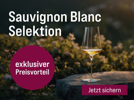 Silkes Weinkeller Weinaktion mit dem Slogan "Feinste Qualitäten jetzt zum Sonderpreis. Sauvignon Blanc Selektion". Im Hintergrund Blumensträucher, mittig ein Glas Wein auf einem Stein. Hinweis auf "exklusiver Preisvorteil". Unten Button "Jetzt sichern".
