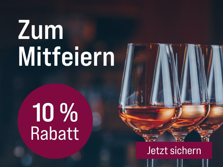 Silkes Weinkeller Weinaktion mit dem Slogan "Silkes Namenstag. Zum Mitfeiern". Im Hintergrund drei Weingläser mit Rosé gefüllt. Hinweis auf "10 % Rabatt". Unten Button "Jetzt sichern".