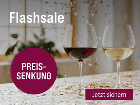 Silkes Weinkeller Weinaktion mit dem Slogan "Nur heute! Flashsale". Im Hintergrund goldenes Konfetti, davor ein Glas Rotwein und ein Glas Weißwein. Hinweis auf "Preissenkung". Unten Button "Jetzt sichern".