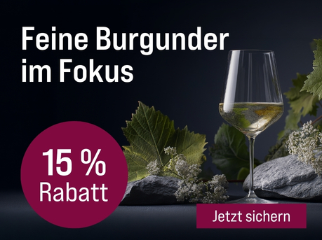 Silkes Weinkeller Weinaktion mit dem Slogan "Für jede Gelegenheit. Feine Burgunder im Fokus". Im Hintergrund ein Glas Weißwein, dahinter Rebenblätter und graue Steine. Hinweis auf "15 % Rabatt". Unten Button "Jetzt sichern".