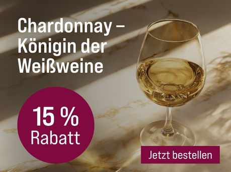 Silkes Weinkeller Weinaktion mit dem Slogan "Burgundische Eleganz. Chardonnay - Königin der Weißweine". Im Hintergrund ein Glas Weißwein auf weißem Marmor. Hinweis auf "15 % Rabatt". Unten Button "Jetzt bestellen".
