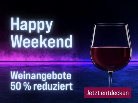 Silkes Weinkeller Weinaktion mit dem Slogan "Happy Weekend. Weinangebote 50 % reduziert". Blau-lilafarbener Hintergrund, davor ein Glas Rotwein. Unten Button "Jetzt entdecken".