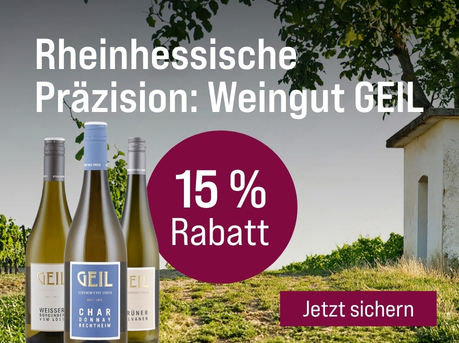 Silkes Weinkeller Weinaktion mit dem Slogan "Weingut des Monats im Juni. Rheinhessische Präzision: Weingut Geil". Im Hintergrund Weinreben und Wiese. Hinweis auf "15 % Rabatt". Unten Button "Jetzt sichern". Rechts drei Flaschen.
