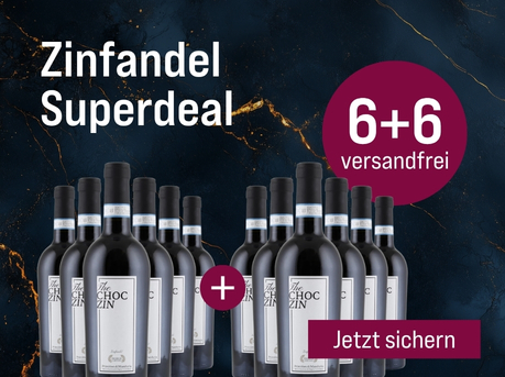 Silkes Weinkeller Weinaktion mit dem Slogan "Gratisaktion im Juni. Zinfandel Superdeal". Blauer Hintergrund mit goldenen Akzenten, darauf abgebildet 12 Flaschen The Choc Zin Primitivo di Manduria. Hinweis auf "6+6 Flaschen". Unten Button "Jetzt sichern".