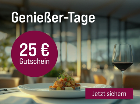 Silkes Weinkeller Weinaktion mit dem Slogan "Ausgewählte Weine entdecken. Genießer-Tage". Im Hintergrund ein gedeckter Tisch in einem Restaurant, auf dem ein mit Rotwein gefülltes Weinglas steht. Hinweis auf "25 € Gutschein". Unten Button "Jetzt sichern".
