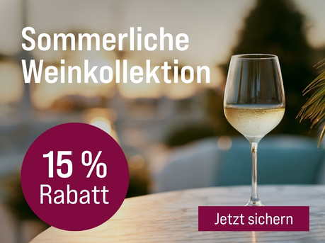 Silkes Weinkeller Weinaktion mit dem Slogan "Frisch, leicht und perfekt für die warme Jahreszeit. Sommerliche Weinkollektion". Im Hintergrund ein Glas Weißwein, daneben ein Palmenblatt. Hinweis auf "15 % Rabatt". Unten Button "Jetzt sichern".