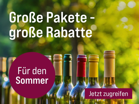 Silkes Weinkeller Weinaktion mit dem Slogan "Unsere großzügig gepackten Weinpakete für extra viel Genuss. Große Pakete - große Rabatte". Im Hintergrund ein Baum, davor mehrere Flaschen Wein. Hinweis auf "Für den Sommer". Unten Button "Jetzt zugreifen".