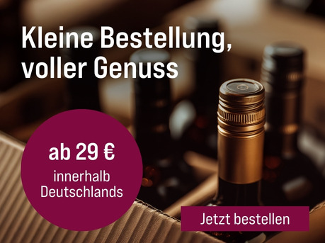 Silkes Weinkeller Weinaktion mit dem Slogan "Warenkorb füllen und Versandkosten sparen. Kleine Bestellung, voller Genuss". Im Hintergrund mehrere Flaschen Wein in einem Karton. Hinweis auf "ab 29 € innerhalb Deutschlands". Unten Button "Jetzt bestellen".