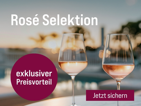 Silkes Weinkeller Weinaktion mit dem Slogan "Feinste Qualitäten jetzt zum Sonderpreis. Rosé Selektion". Im Hintergrund ein Swimming-Pool bei Sonnenuntergang, davor zwei Gläser Roséwein. Hinweis auf "exklusiver Preisvorteil". Unten Button "Jetzt sichern".