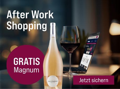 Silkes Weinkeller Weinaktion mit dem Slogan "Exklusive Weinangebote nach Feierabend: 16 bis 22 Uhr. After Work Shopping". Im Hintergrund ein Laptop und ein Glas Rotwein. Hinweis auf "Gratis Magnum". Unten Button "Jetzt sichern". Mittig eine Flasche Rosé.