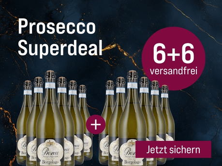 Silkes Weinkeller Weinaktion mit dem Slogan „Prosecco Superdeal". Dunkelblau-marmorierter Hintergrund mit goldenen Akzenten, darauf 12 Flaschen Prosecco Borgolago. Hinweis auf „Gratisaktion im Juli" und „6+6 versandfrei". Button „Jetzt sichern".
