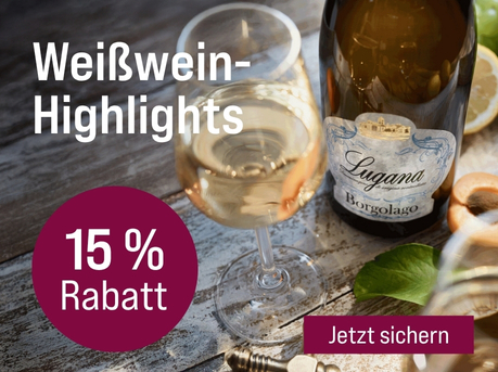 Silkes Weinkeller Weinaktion mit dem Slogan "Perfekt für den Sommer und Lieblingsgerichte. Weißwein-Highlights". Im Hintergrund grüne Trauben, eine Flasche Lugana und ein Glas Weißwein. Hinweis auf "15 % Rabatt". Unten Button "Jetzt sichern".