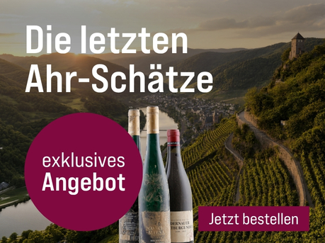 Silkes Weinkeller Weinaktion mit dem Slogan "Original Flutweine aus dem Ahrtal - limitiert verfügbar. Die letzten Ahr-Schätze". Im Hintergrund das Ahrtal bei Sonnenuntergang. Hinweis auf "exklusives Angebot". Unten Button "Jetzt bestellen".
