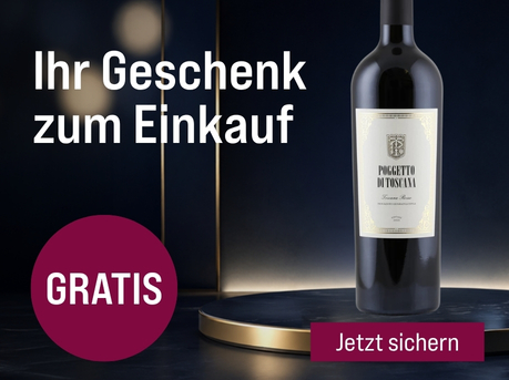 Silkes Weinkeller Weinaktion mit dem Slogan "Nur heute! Ihr Geschenk zum Einkauf". Dunkler Hintergrund, davor eine Flasche Wein auf einem kleinen, runden Podest. Hinweis auf "Gratis". Unten Button "Jetzt sichern".