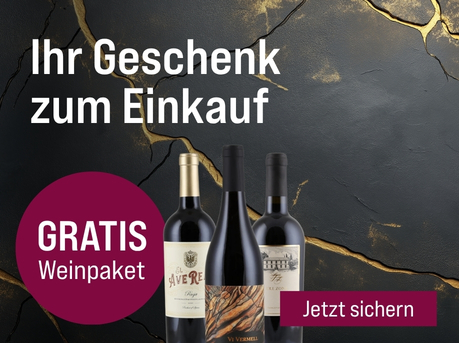 Silkes Weinkeller Weinaktion mit dem Slogan "Nur für kurze Zeit! Ihr Geschenk zum Einkauf". Dunkelgrau-gold marmorierter Hintergrund, rechts drei Flaschen Wein. Hinweis auf "Gratis Weinpaket". Unten Button "Jetzt sichern". | KI-generiert