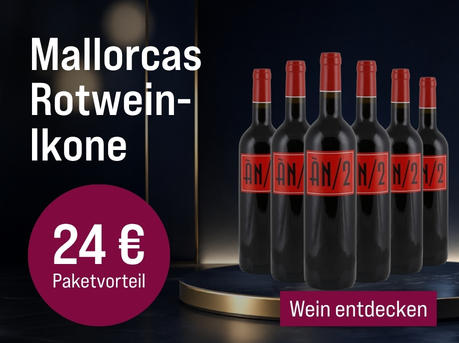 Silkes Weinkeller Weinaktion mit dem Slogan "Mediterraner Charakter und Tiefe: Ànima Negra ÀN/2 2023. Mallorcas Rotwein-Ikone". Dunkler Hintergrund, davor sechs Flaschen auf einem Podest. Hinweis auf "24 € Paketvorteil". Unten Button "Wein entdecken".