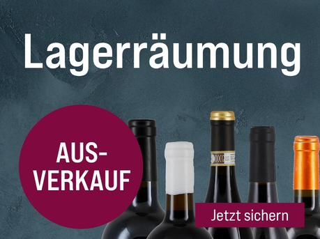 Silkes Weinkeller Weinaktion mit dem Slogan "Wir räumen auf - Inventur. Lagerräumung". Grauer Hintergrund mit fünf Flaschenhälsen auf der rechten Seite. Hinweis auf "Ausverkauf". Unten Button "Jetzt sichern". | KI-generiert