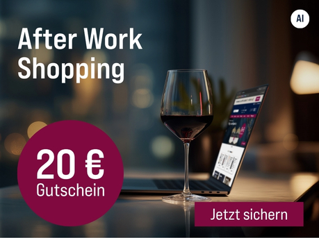 Silkes Weinkeller Weinaktion mit dem Slogan "Exklusive Weinangebote nach Feierabend: 16 bis 22 Uhr. After Work Shopping". Im Hintergrund ein Laptop und ein Glas Rotwein. Hinweis auf "20 € Gutschein". Unten Button "Jetzt sichern". | KI-generiert