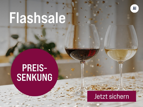Silkes Weinkeller Weinaktion mit dem Slogan "Nur heute! Flashsale". Im Hintergrund goldenes Konfetti, davor ein Glas Rotwein und ein Glas Weißwein. Hinweis auf "Preissenkung". Unten Button "Jetzt sichern". | KI-generiert