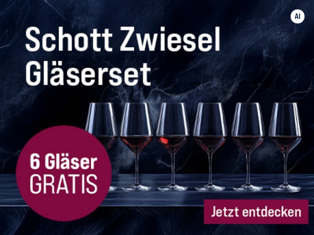 Silkes Weinkeller Weinaktion mit dem Slogan "Nur für kurze Zeit. Schott Zwiesel Gläserset". Dunkler, marmorierter Hintergrund, davor sechs Weingläser mit Rotwein gefüllt. Hinweis auf "6 Gläser gratis". Unten Button "Jetzt entdecken". | KI-generiert