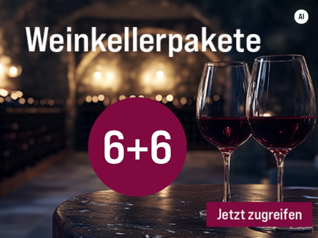 Silkes Weinkeller Weinaktion mit dem Slogan "Nur für kurze Zeit! Weinkellerpakete". Im Hintergrund zwei mit Rotwein gefüllte Weingläser auf einem Holztisch in einem leicht beleuchteten Weinkeller. Hinweis auf "6+6". Unten Button "Jetzt zugreifen". | KI-generiert