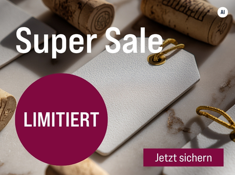 Silkes Weinkeller Weinaktion mit dem Slogan "Nur heute: Hochwertige Weine zum garantiert günstigsten Preis. Super Sale". Im Hintergrund weiß-goldene Rabattschilder und Weinkorken. Hinweis auf "Limitiert". Unten Button "Jetzt sichern". | KI-generiert