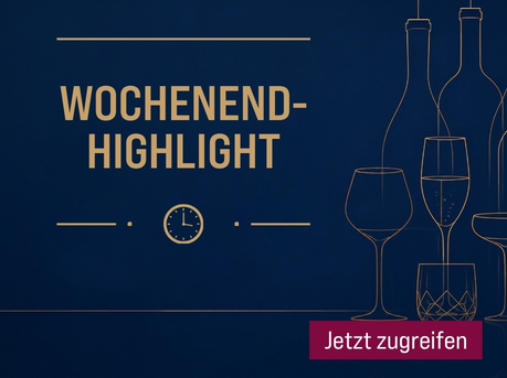 Silkes Weinkeller Weinaktion mit dem Slogan Wochenend-Highlight". Dunkelblauer Hintergrund mit goldenen Linienzeichnungen von Weinflaschen und Weingläsern sowie einem Uhr-Icon. Unten Button „Jetzt zugreifen". | KI-generiert