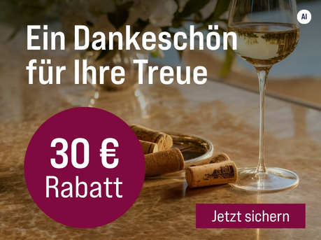 Silkes Weinkeller Weinaktion mit dem Slogan "Exklusiver Preisvorteil. Ein Dankeschön für Ihre Treue". Im Hintergrund ein Glas Weißwein und Weinkorken auf Marmor. Hinweis auf "30 € Rabatt". Unten Button "Jetzt sichern". | KI-generiert