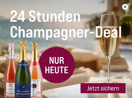 Silkes Weinkeller Weinaktion mit dem Slogan "Top-Champagner zum Vorteilspreis. 24 Stunden Champagner-Deal". Im Hintergrund ein Pool und das Meer, vorne ein Glas Champagner. Hinweis auf "Nur heute". Unten Button "Jetzt sichern". Mittig drei Flaschen. | KI-generiert