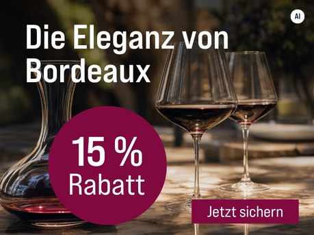 Silkes Weinkeller Weinaktion mit dem Slogan "Charaktervolle Weine aus Frankreichs berühmtester Weinregion. Die Eleganz von Bordeaux". Im Hintergrund eine Glaskaraffe und zwei Gläser Rotwein. Hinweis auf "15 % Rabatt". Unten Button "Jetzt sichern". | KI-generiert