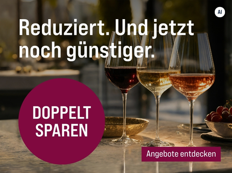 Silkes Weinkeller Weinaktion mit dem Slogan "Erhalten Sie exklusiv 10 % Zusatzrabatt. Reduziert. Und jetzt noch günstiger". Im Hintergrund drei Gläser Wein und Trauben. Hinweis auf "Doppelt sparen". Unten Button "Angebote entdecken". | KI-generiert
