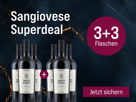 Silkes Weinkeller Weinaktion mit dem Slogan "Gratisaktion im September. Sangiovese Superdeal". Blauer Hintergrund mit goldenen Akzenten, darauf abgebildet 6 Flaschen Pogetto di Toscana 2021. Hinweis auf "3+3 Flaschen". Unten Button "Jetzt sichern". | KI-generiert
