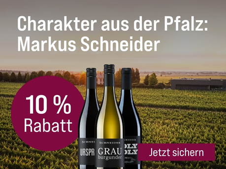 Silkes Weinkeller Weinaktion mit dem Slogan Weingut des Monats im September - Charakter aus der Pfalz: Markus Schneider". Im Hintergrund ein Feld mit Weinreben, darauf 3 Flaschen Markus Schneider Wein. Hinweis auf „10 % Rabatt". Button „Jetzt sichern". | KI-generiert