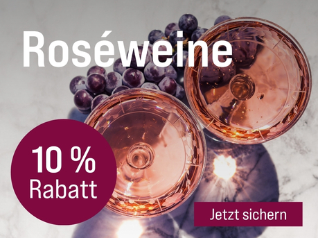 Silkes Weinkeller Weinaktion mit dem Slogan "Vielfältiger Genuss. Roséweine". Im Hintergrund zwei Gläser gefüllt mit Roséwein, daneben ein Bund dunkler Trauben. Hinweis auf "10 % Rabatt". Unten Button "Jetzt sichern". | KI-generiert