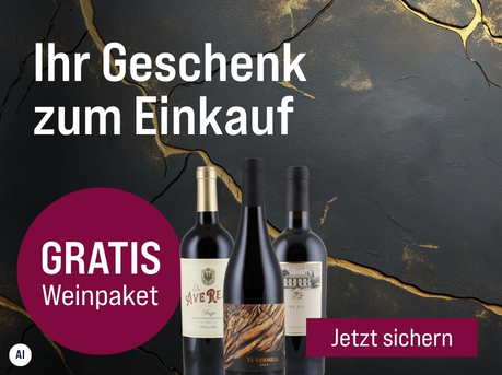 Silkes Weinkeller Weinaktion mit dem Slogan "Nur für kurze Zeit! Ihr Geschenk zum Einkauf". Dunkelgrau-gold marmorierter Hintergrund, rechts drei Flaschen Wein. Hinweis auf "Gratis Weinpaket". Unten Button "Jetzt sichern". | KI-generiert