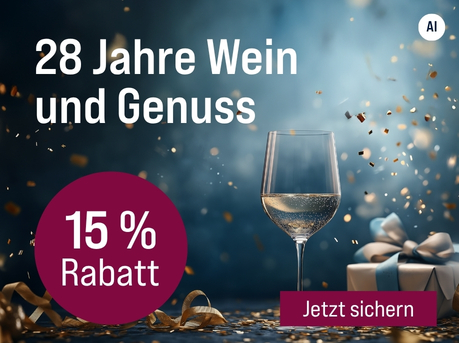 Silkes Weinkeller Weinaktion mit dem Slogan "Wir feiern Geburtstag. 28 Jahre Wein und Genuss". Dunkelblauer Hintergrund mit goldenem Konfetti, einem Geschenk und einem Glas Weißwein. Hinweis auf "15 % Rabatt". Unten Button "Jetzt sichern". | KI-generiert