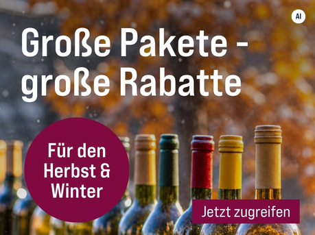 Silkes Weinkeller Weinaktion mit dem Slogan "Unsere großzügig gepackten Weinpakete für extra viel Genuss. Große Pakete - große Rabatte". Im Hintergrund mehrere Flaschen Wein. Hinweis auf "Für den Herbst & Winter". Unten Button "Jetzt zugreifen". | KI-generiert
