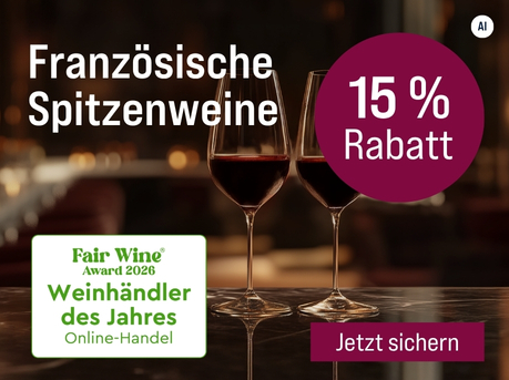 Silkes Weinkeller Weinaktion mit dem Slogan "Prämiert & reduziert. Französische Spitzenweine". Im Hintergrund zwei Gläser Rotwein. Hinweis auf "15 % Rabatt". Hinweis auf "Fair Wine Award 2026. Bester Weinhändler des Jahres". Unten Button "Jetzt sichern". | KI-generiert