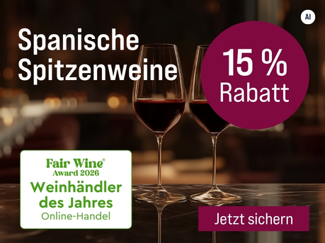 Silkes Weinkeller Weinaktion mit dem Slogan "Prämiert & reduziert. Spanische Spitzenweine". Im Hintergrund zwei Gläser Rotwein. Hinweis auf "15 % Rabatt". Hinweis auf "Fair Wine Award 2026. Weinhändler des Jahres". Unten Button "Jetzt sichern". | KI-generiert