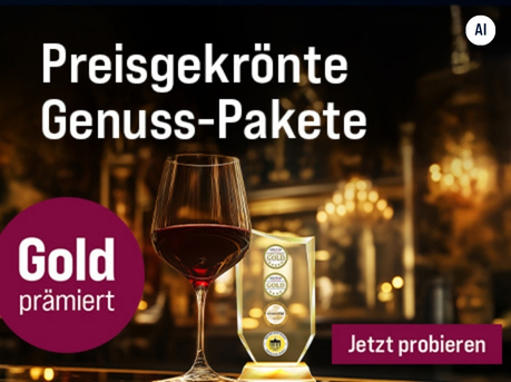 Silkes Weinkeller Weinaktion mit dem Slogan "Ausgezeichnete Weine, perfekt kombiniert. Preisgekrönte Genuss-Pakete". Im Hintergrund ein Glas Rotwein neben einer Auszeichnung. Hinweis auf "Gold prämiert". Unten Button "Jetzt probieren". | KI-generiert