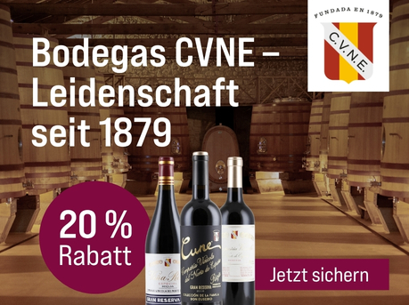 Silkes Weinkeller Weinaktion mit dem Slogan "Qualität mit Geschichte. Bodegas CVNE - Leidenschaft seit 1879". Im Hintergrund ein Weinkeller. Hinweis auf "20 % Rabatt". Unten Button "Jetzt sichern". Mittig drei Flaschen. | KI-generiert