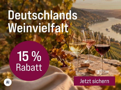 Silkes Weinkeller Weinaktion mit dem Slogan "Herkunft, Terroir und handwerkliche Qualität. Deutschlands Weinvielfalt". Im Hintergrund ein herbstliches Weinarrangement und ein Fluss. Hinweis auf "15 % Rabatt". Unten Button "Jetzt sichern". | KI-generiert