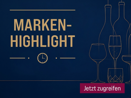 Silkes Weinkeller Weinaktion mit dem Slogan „Marken-Highlight". Dunkelblauer Hintergrund mit goldenen Linienzeichnungen von Weinflaschen und Weingläsern sowie einem Uhr-Icon. Unten Button „Jetzt zugreifen". | KI-generiert