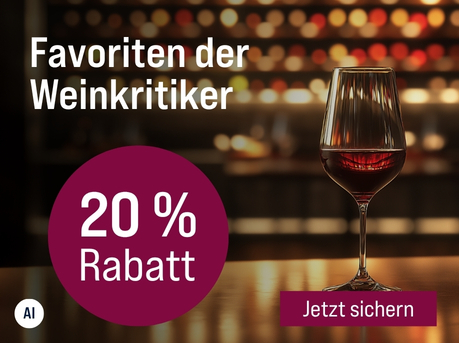 Silkes Weinkeller Weinaktion mit dem Slogan "Entdecken Sie prämierte Weine zum Vorteilspreis. Favoriten der Weinkritiker". Im Hintergrund eine Bar und ein Glas Rotwein auf einem Tresen. Hinweis auf "20 % Rabatt". Unten Button "Jetzt sichern". | KI-generiert
