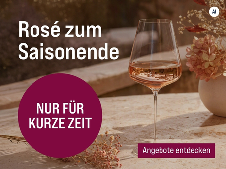 Silkes Weinkeller Weinaktion mit dem Slogan "Ausgewählte Rosé-Favoriten jetzt zum Saisonpreis. Rosé zum Saisonende". Im Hintergrund ein Glas Rosé und eine Vase auf einem Tisch. Hinweis auf "Nur für kurze Zeit". Unten Button "Angebote entdecken". | KI-generiert